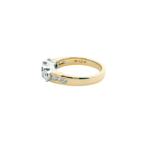 Sophie - 18ct two tone three stone semi- rubover ring with six channel set shoulder diamonds