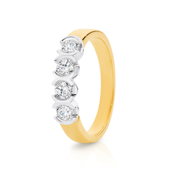 Louisa - 18ct yellow gold four stone diamond semi rubover ring