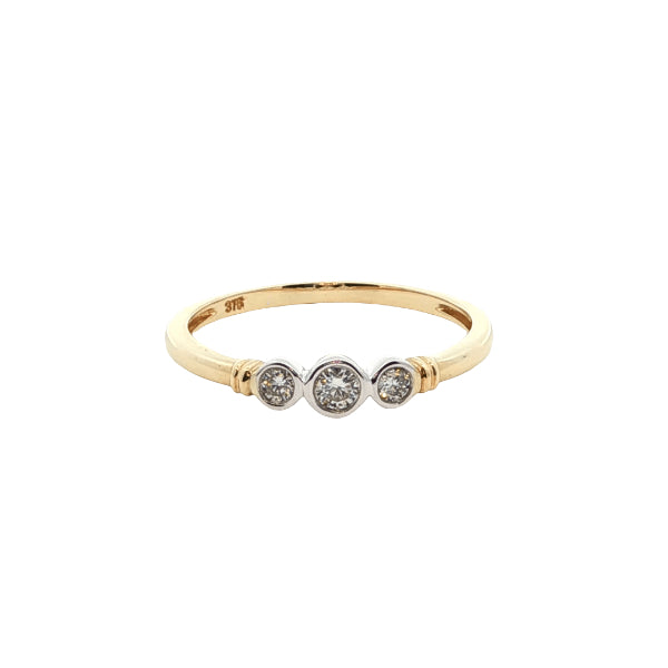 Three stone bezel set diamond ring in 9ct yellow gold