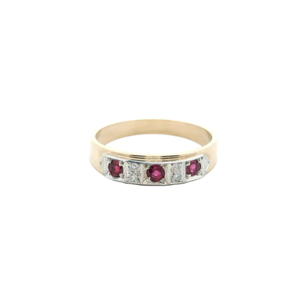 Three stone ruby & diamond eternity ring in 9ct yellow and white gold