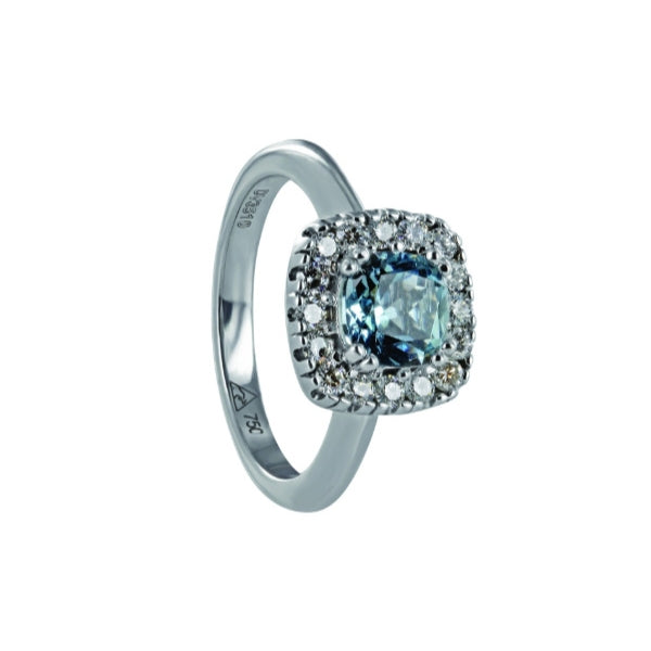 Holly- aquamarine and diamond halo ring in 18ct white gold
