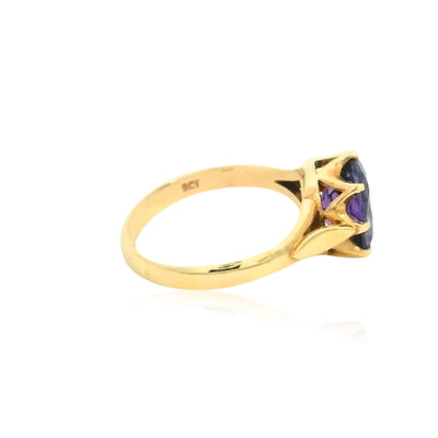 Oval claw set amethyst ring in 9ct yellow gold