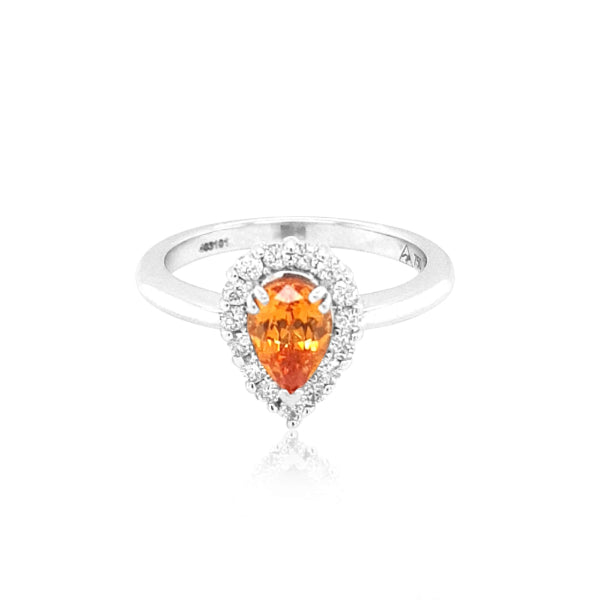 Miranda- pear shaped mandarin garnet and diamond halo ring in 18ct white gold