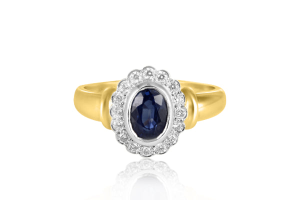 Marsha - oval madagascan sapphire and diamond halo dress ring in 18ct yellow gold
