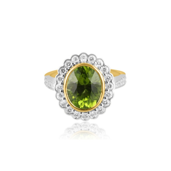Genna- oval peridot and diamond halo ring in 18ct yellow and white gold