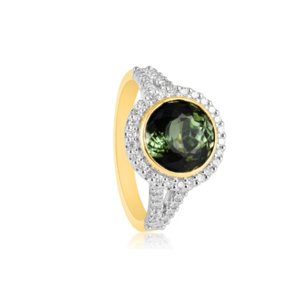 Gabby - round green tourmaline and diamond split shoulder halo ring in 18ct yellow and white gold