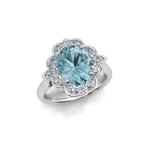 Donatella- oval aquamarine and diamond halo ring in 18ct white gold