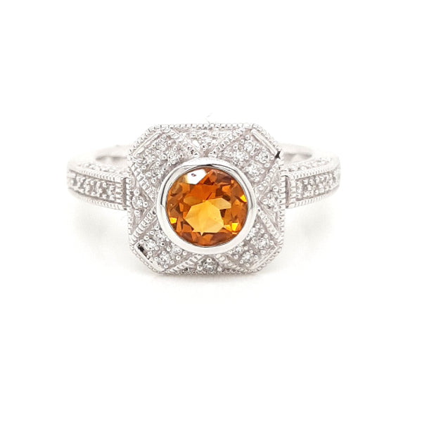 Cindy - round citrine and diamond antique style ring in 9ct white gold