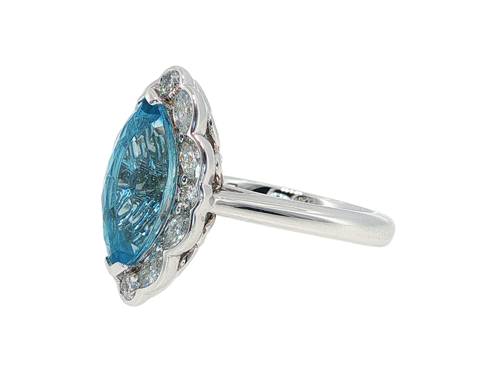 Xemplare - Lilibeth - marquise shaped aquamarine and diamond halo ring in 18ct white gold
