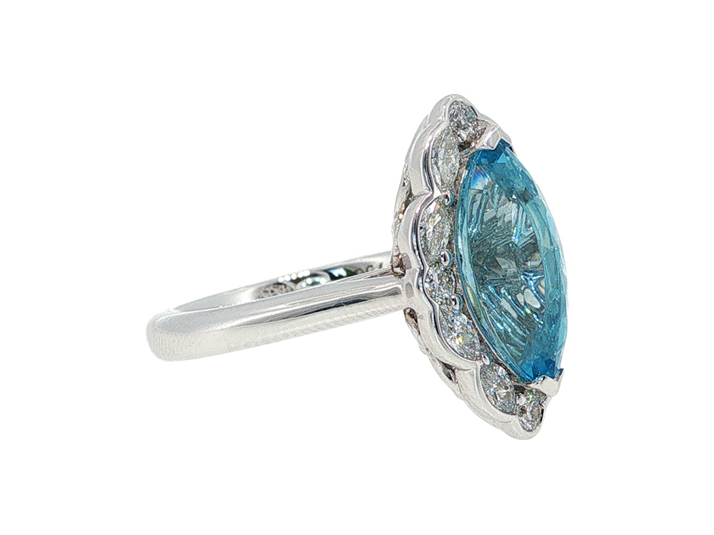 Xemplare - Lilibeth - marquise shaped aquamarine and diamond halo ring in 18ct white gold