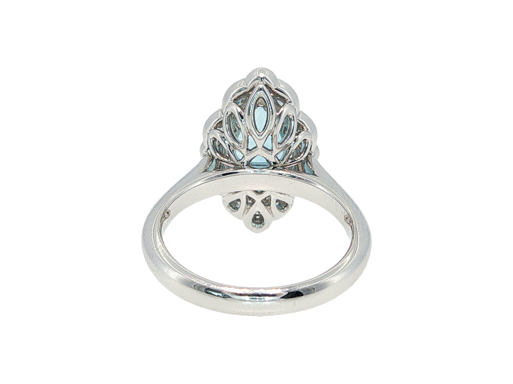 Xemplare - Lilibeth - marquise shaped aquamarine and diamond halo ring in 18ct white gold