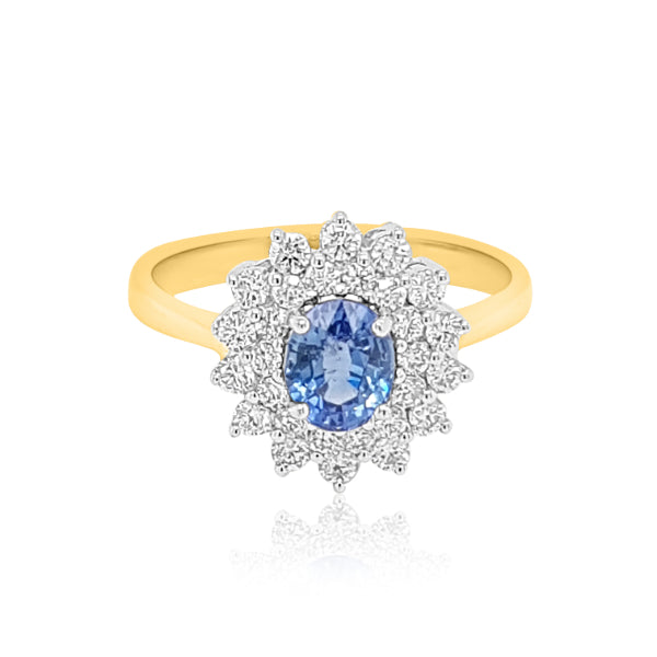 Yvette - ceylonese sapphire and diamond halo ring in 18ct yellow and white gold