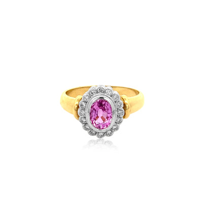 Petra - oval pink sapphire and diamond cluster ring in 18ct yellow gold