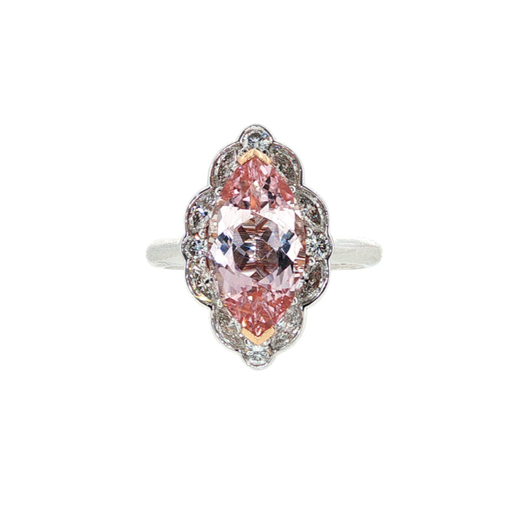 Xemplare - Leoni - Marquise cut morganite and diamond halo dress ring in 18ct white gold