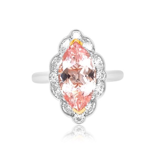 Leoni- marquise cut morganite and diamond halo dress ring in 18ct white gold