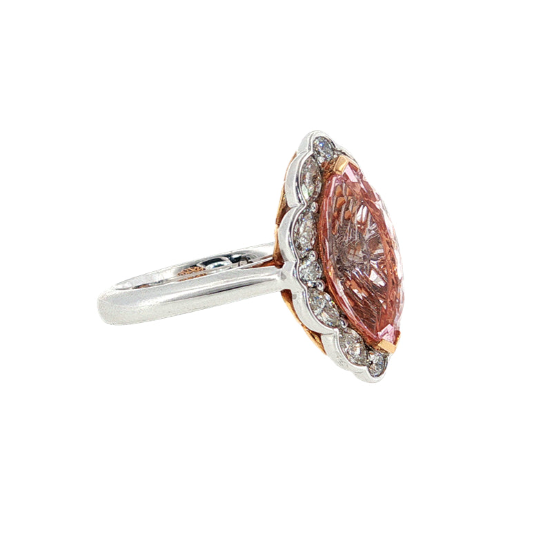 Xemplare - Leoni - Marquise cut morganite and diamond halo dress ring in 18ct white gold