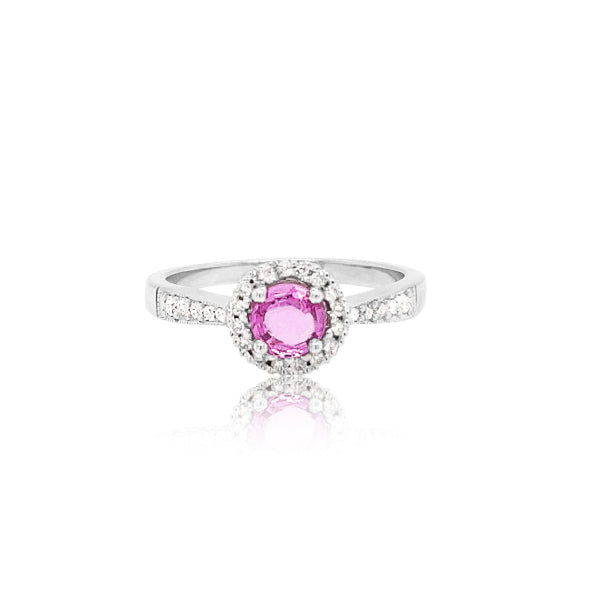 Valerie- pink sapphire and diamond halo ring in 9ct white gold
