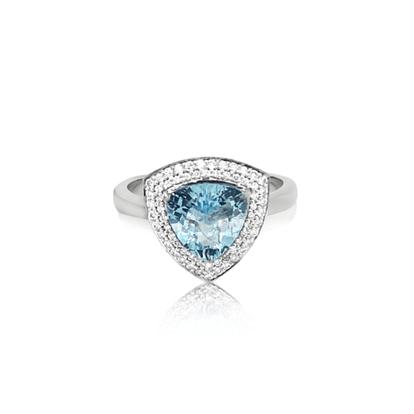 Annie- trilliant aquamarine and diamond halo dress ring in 18ct white gold