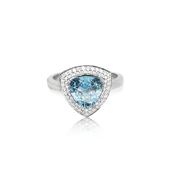 Annie - trilliant aquamarine and diamond halo dress ring in 18ct white gold