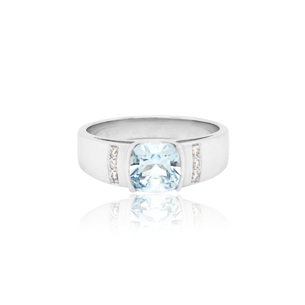 Mindy- cushion cut blue topaz and diamond inset ring in 9ct white gold