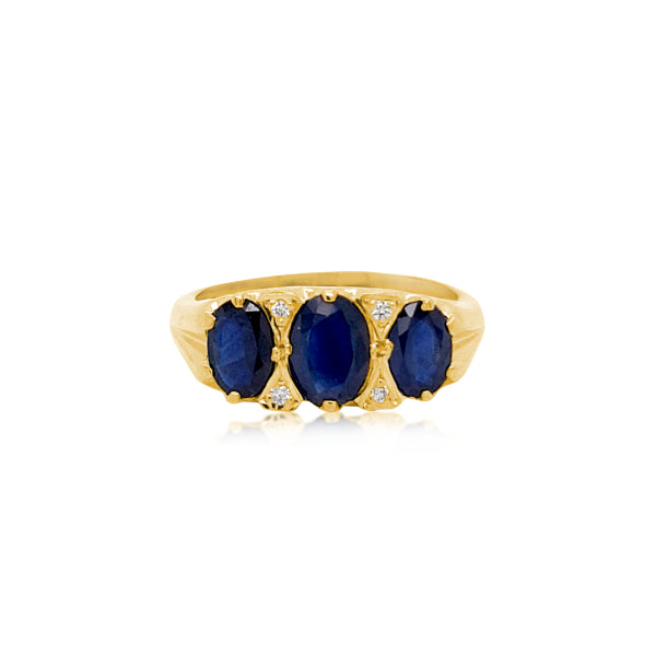 Theodora - three oval sapphire and diamond london bridge style dress ring in 9ct yellow gold