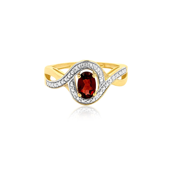 Oval garnet dress ring in a curved diamond halo in 9ct yellow gold