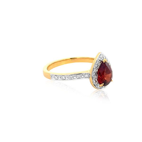 Malia - pear shaped garnet and diamond halo ring with diamond shoulders in 9ct yellow gold