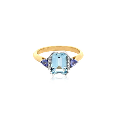 Maleah - aquamarine, tanzanite & diamond ring in 9ct yellow and white gold