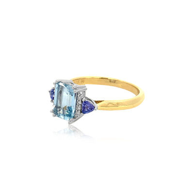 Maleah - aquamarine, tanzanite & diamond ring in 9ct yellow and white gold