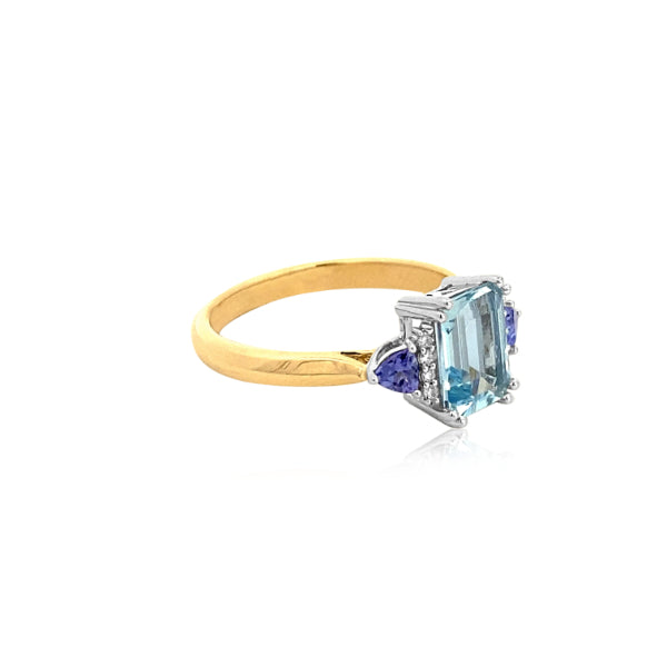 Maleah - aquamarine, tanzanite & diamond ring in 9ct yellow and white gold