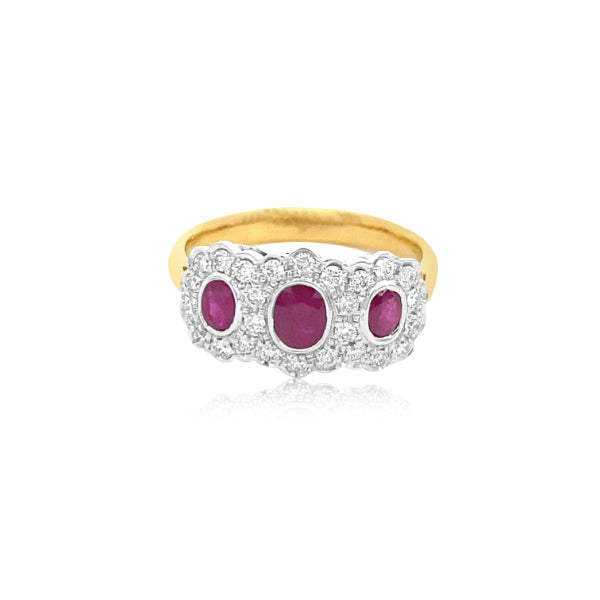 Reba - Ruby & Diamond halo celebration ring in 18ct two tone gold