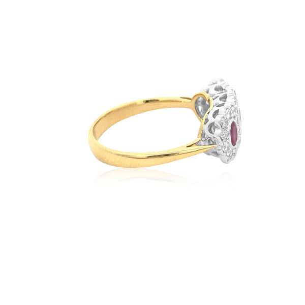 Reba - Ruby & Diamond halo celebration ring in 18ct two tone gold