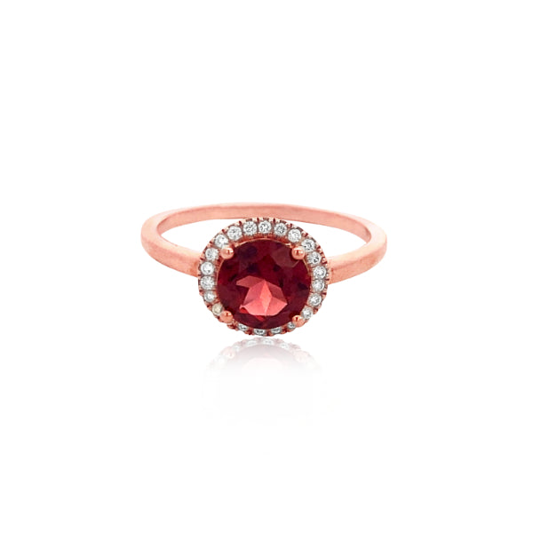 Garnet and diamond halo dress ring in 9ct rose gold