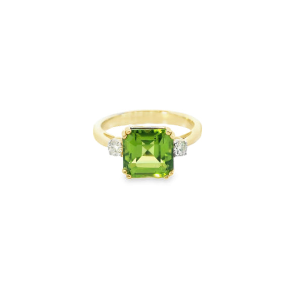 Phoenix - cushion cut peridot and diamond ring in 9ct yellow gold