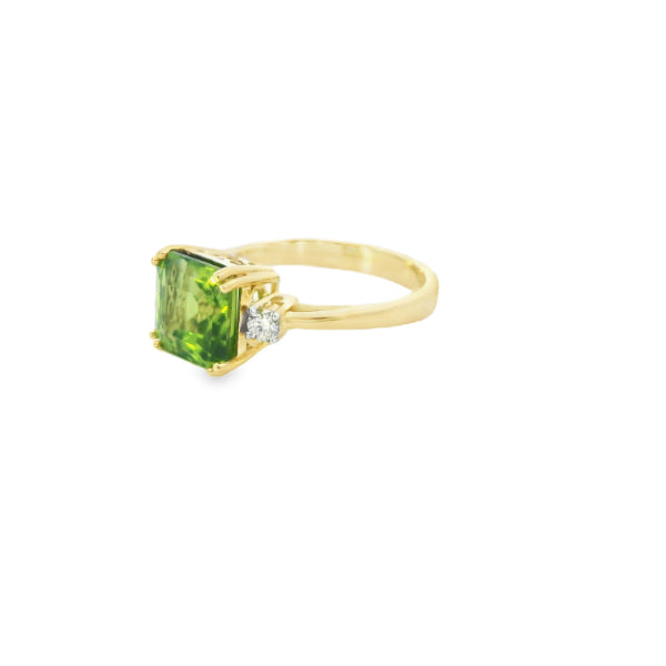 Phoenix - cushion cut peridot and diamond ring in 9ct yellow gold