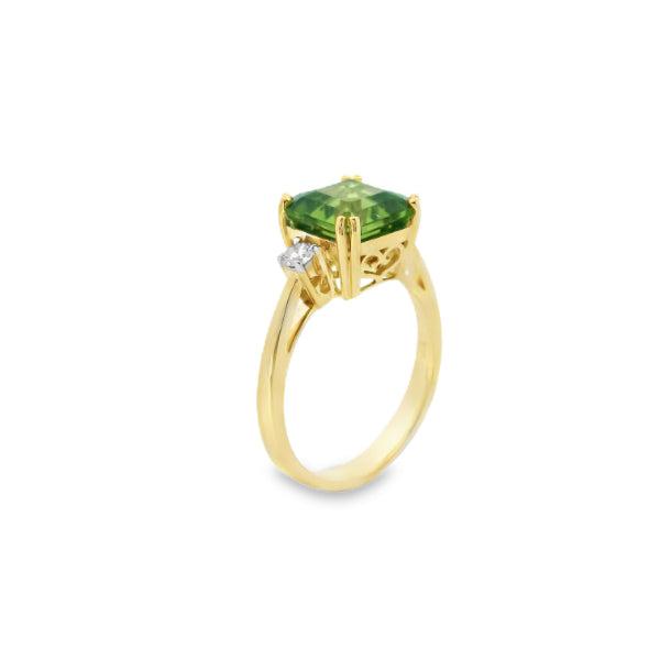 Phoenix - cushion cut peridot and diamond ring in 9ct yellow gold
