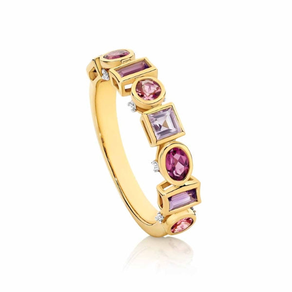 Multi shape Purple Amethyst & Pink Tourmaline band in 9ct gold