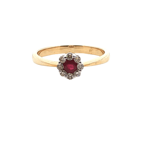 Ruby and diamond cluster ring in 9ct yellow gold