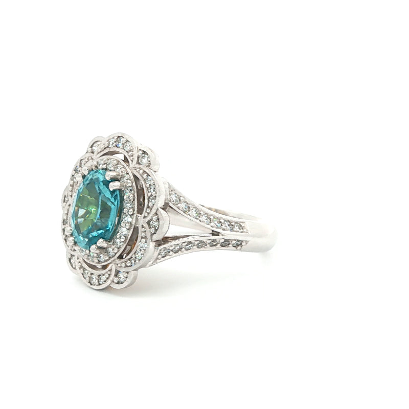 Hine - Blue zircon & diamond halo ring in 18ct white gold