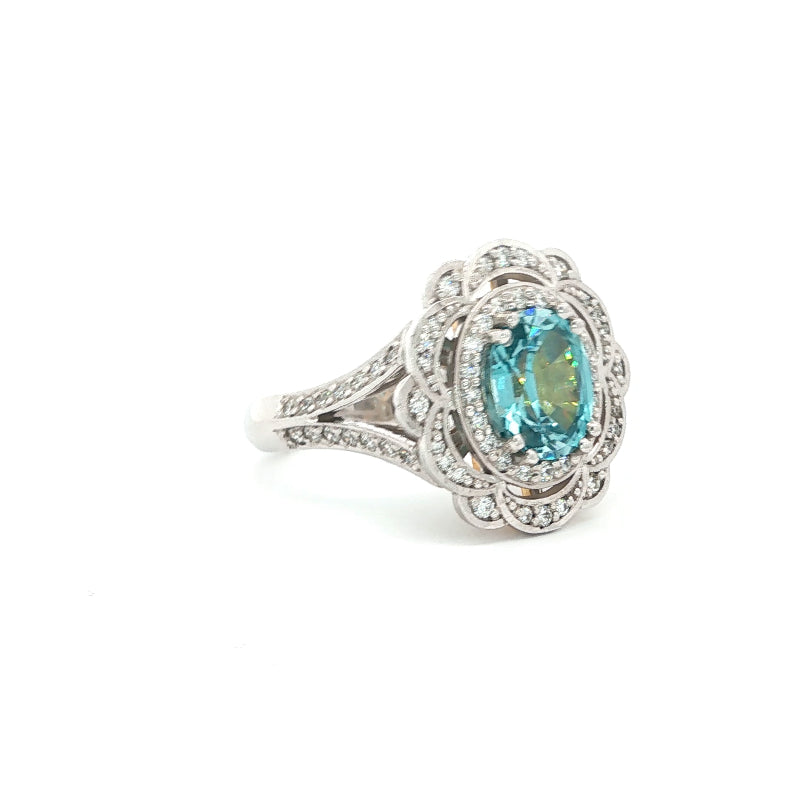 Hine - Blue zircon & diamond halo ring in 18ct white gold