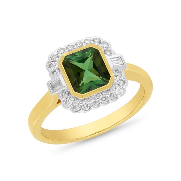Lani - green toumaline & diamond halo ring in two tone gold