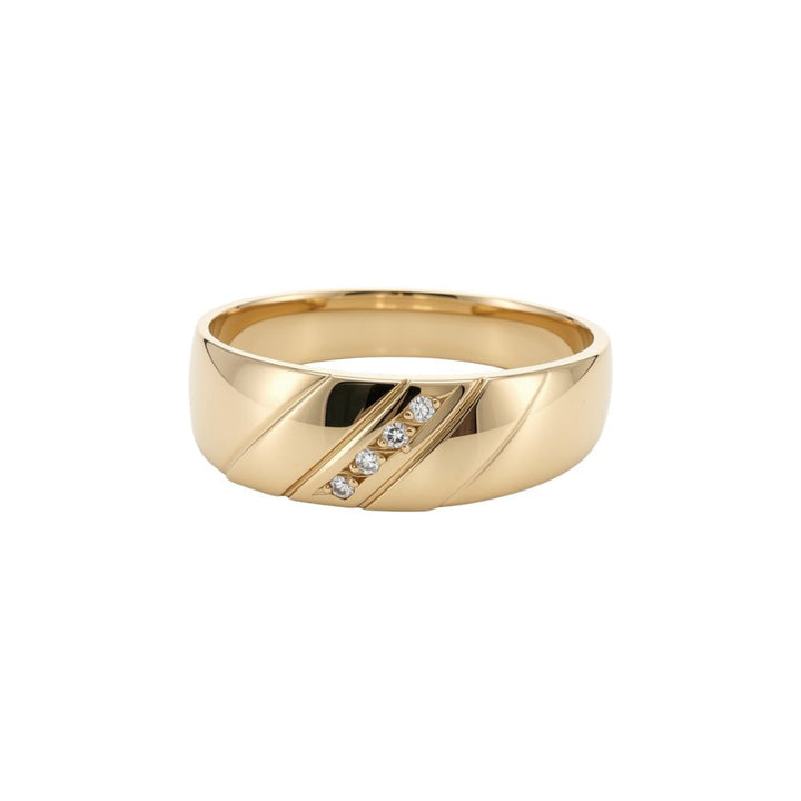 Gents wedder with four diagonally set diamonds in 9ct yellow gold