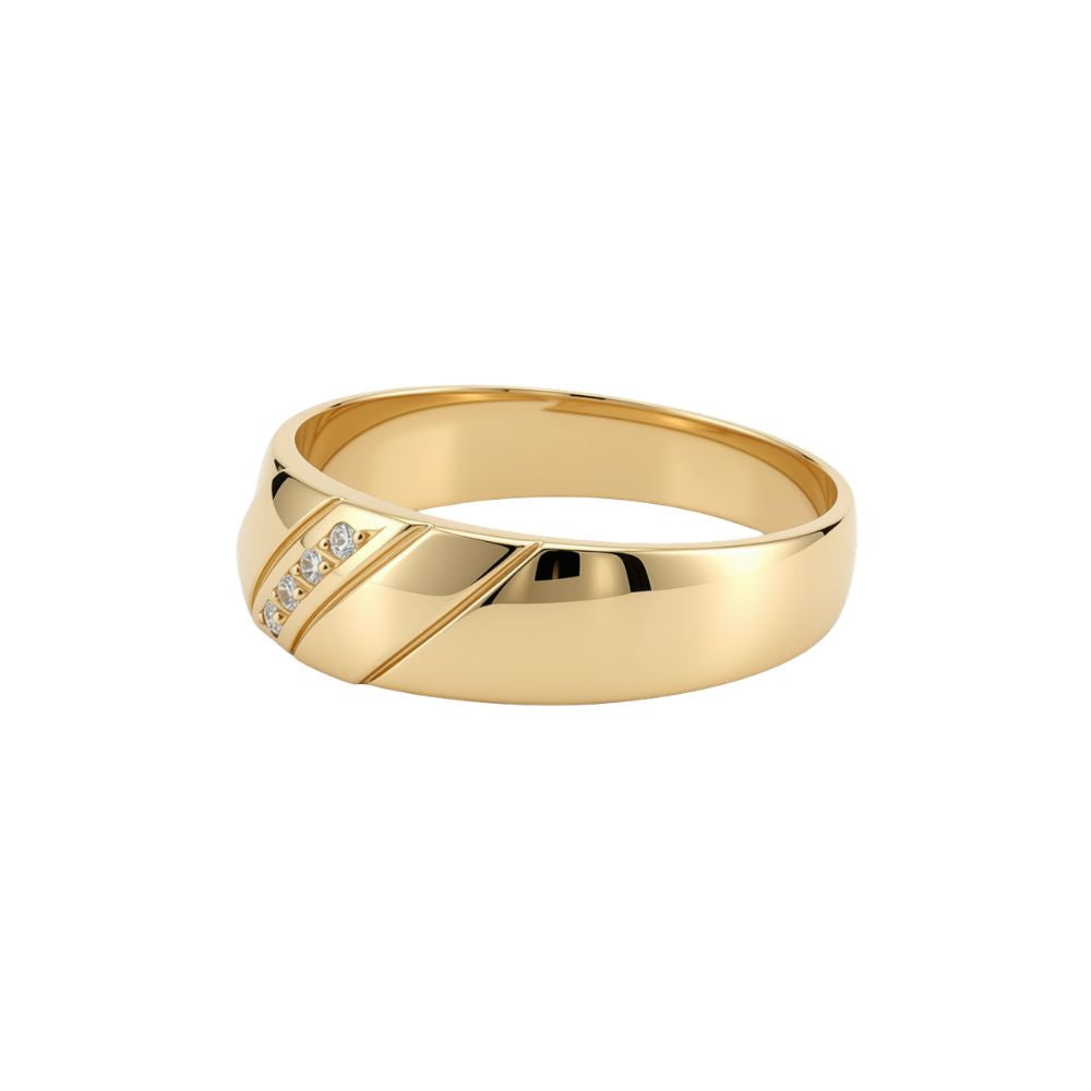 Gents wedder with four diagonally set diamonds in 9ct yellow gold