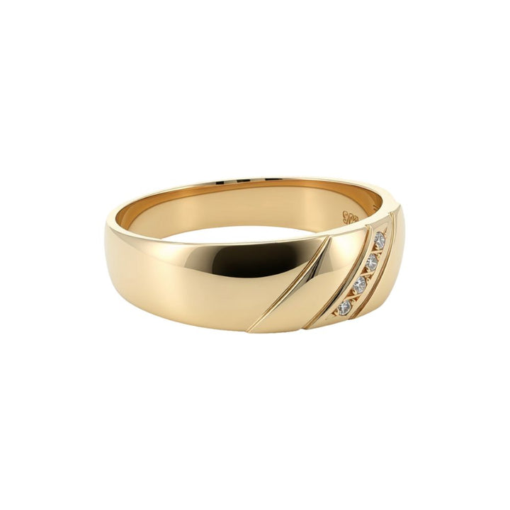 Gents wedder with four diagonally set diamonds in 9ct yellow gold