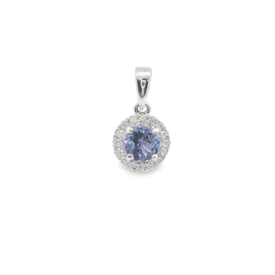 Tanzanite and Diamond Halo pendant in 9ct white gold