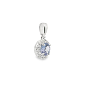 Tanzanite and Diamond Halo pendant in 9ct white gold