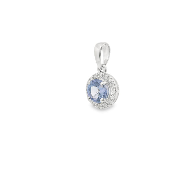 Tanzanite and Diamond Halo pendant in 9ct white gold