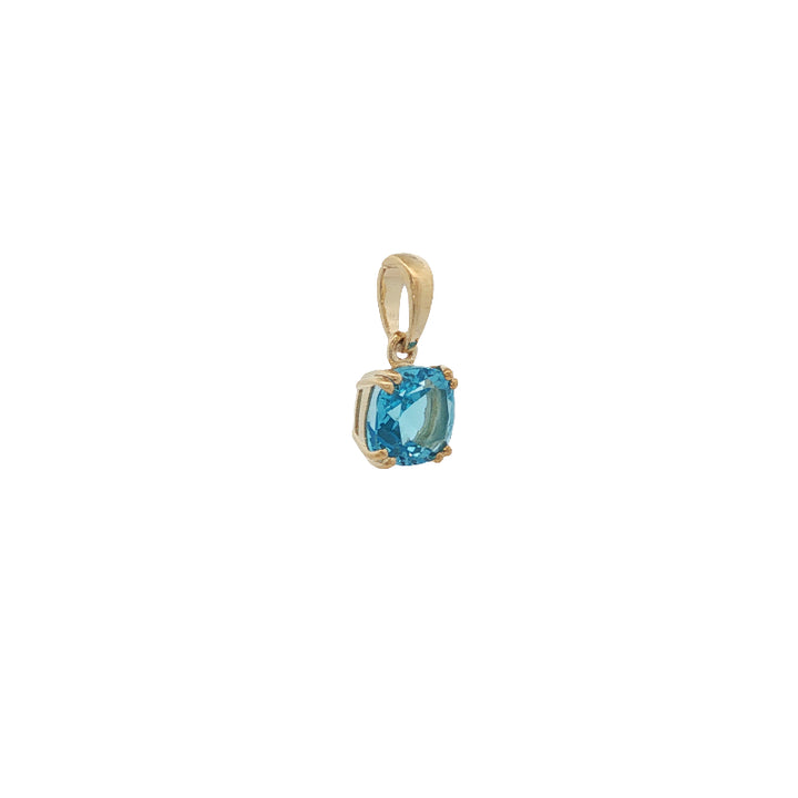 Cushion cut blue topaz drop pendant in 9ct yellow gold