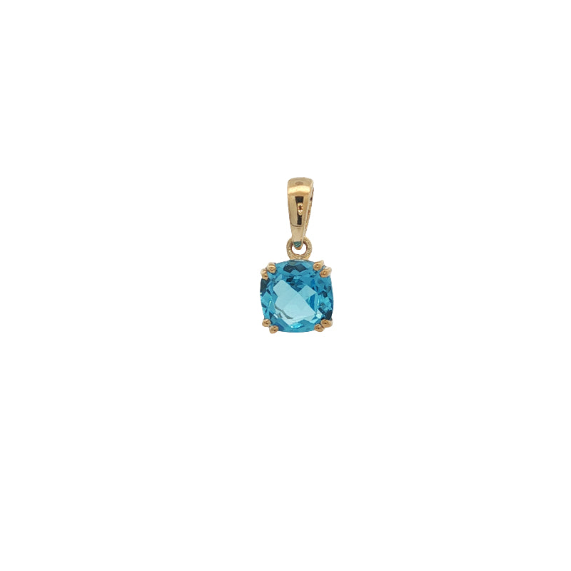 Cushion cut blue topaz drop pendant in 9ct yellow gold