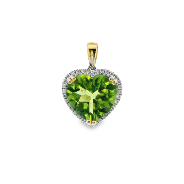 9ct yellow gold peridot heart & diamond pendant